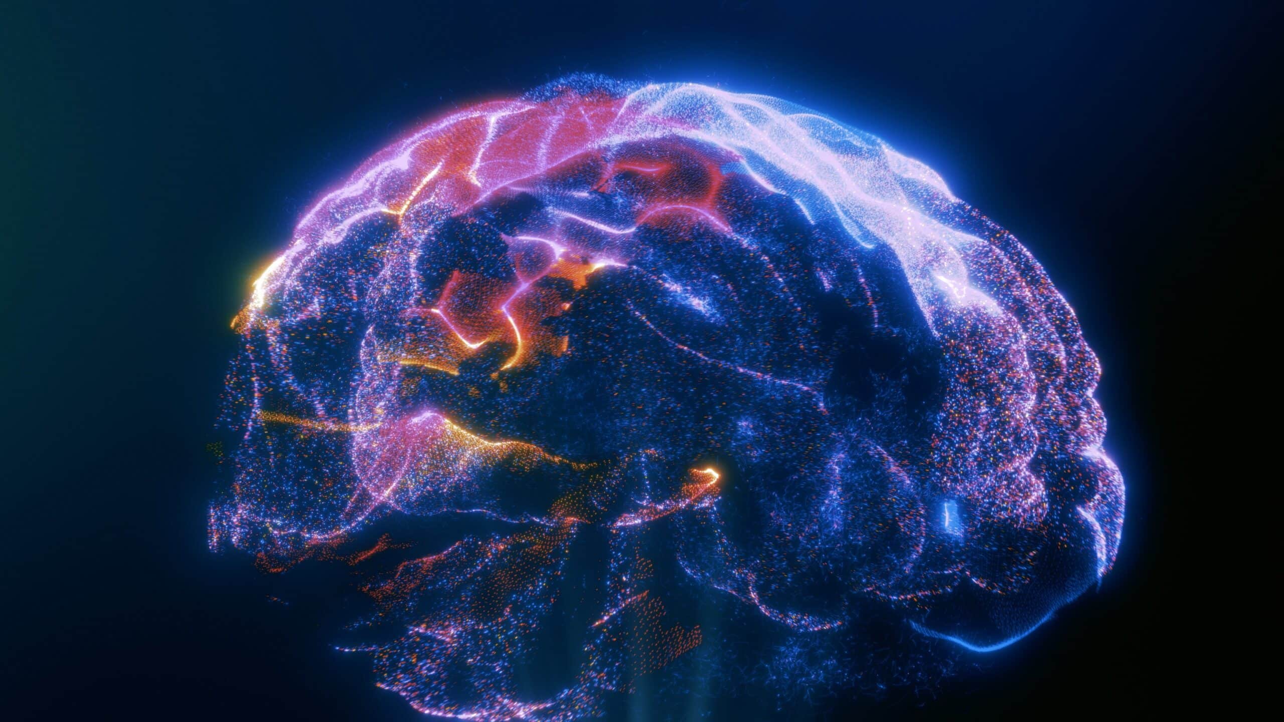 3D rendered human brain in vibrant neon colors including pink, blue, and yellow against dark background, representing artificial intelligence and neural networks.