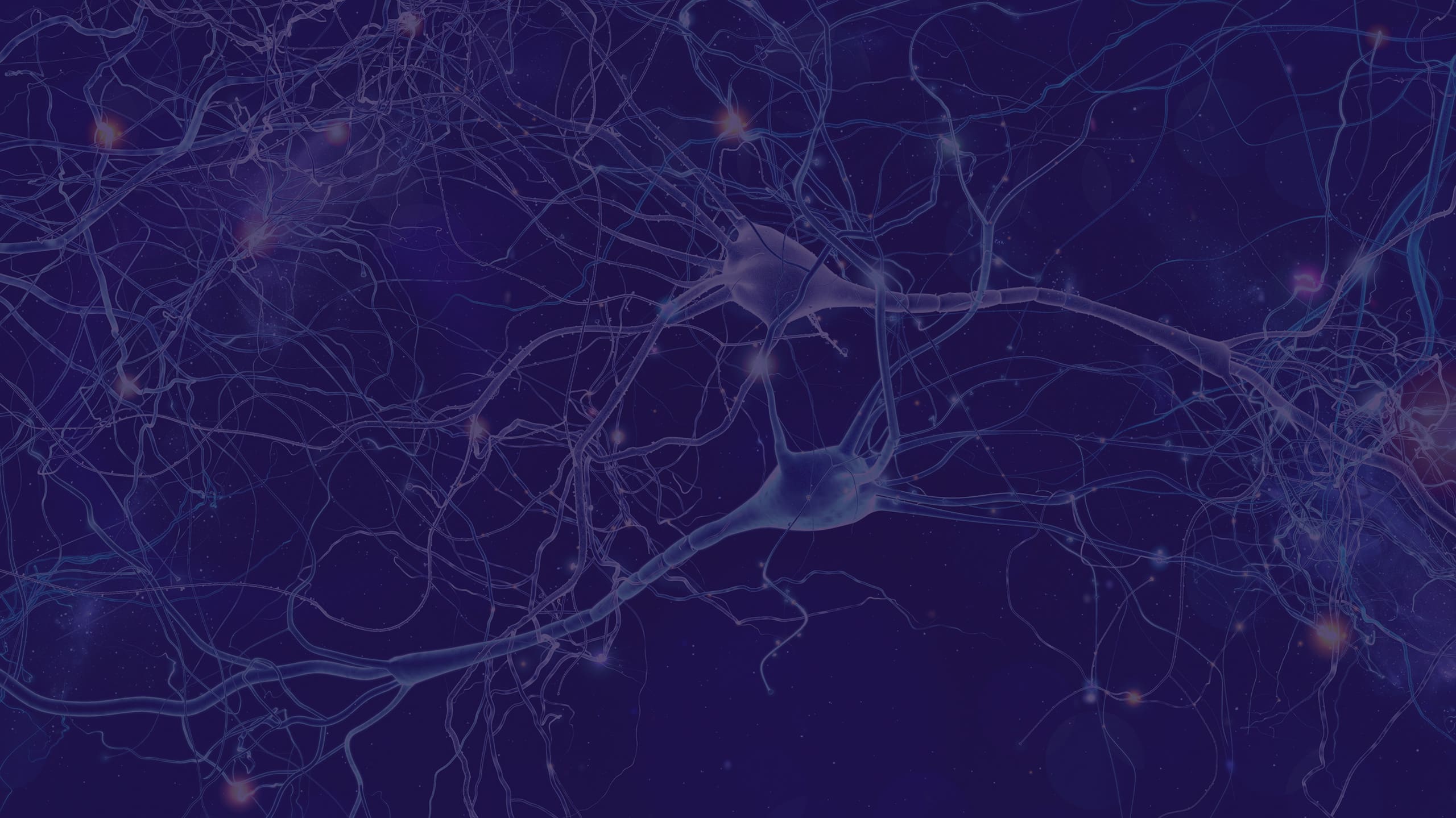 3D illustration of interconnected neurons with glowing synapses and branching dendrites against a dark blue background.